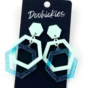 2 Jelly Glitter Hexi Ring Acrylic Earrings - Teal