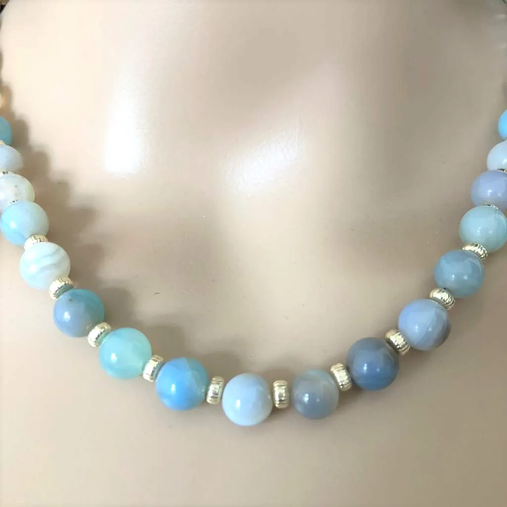 Arctic Blue Agate and Silver Beaded Necklace