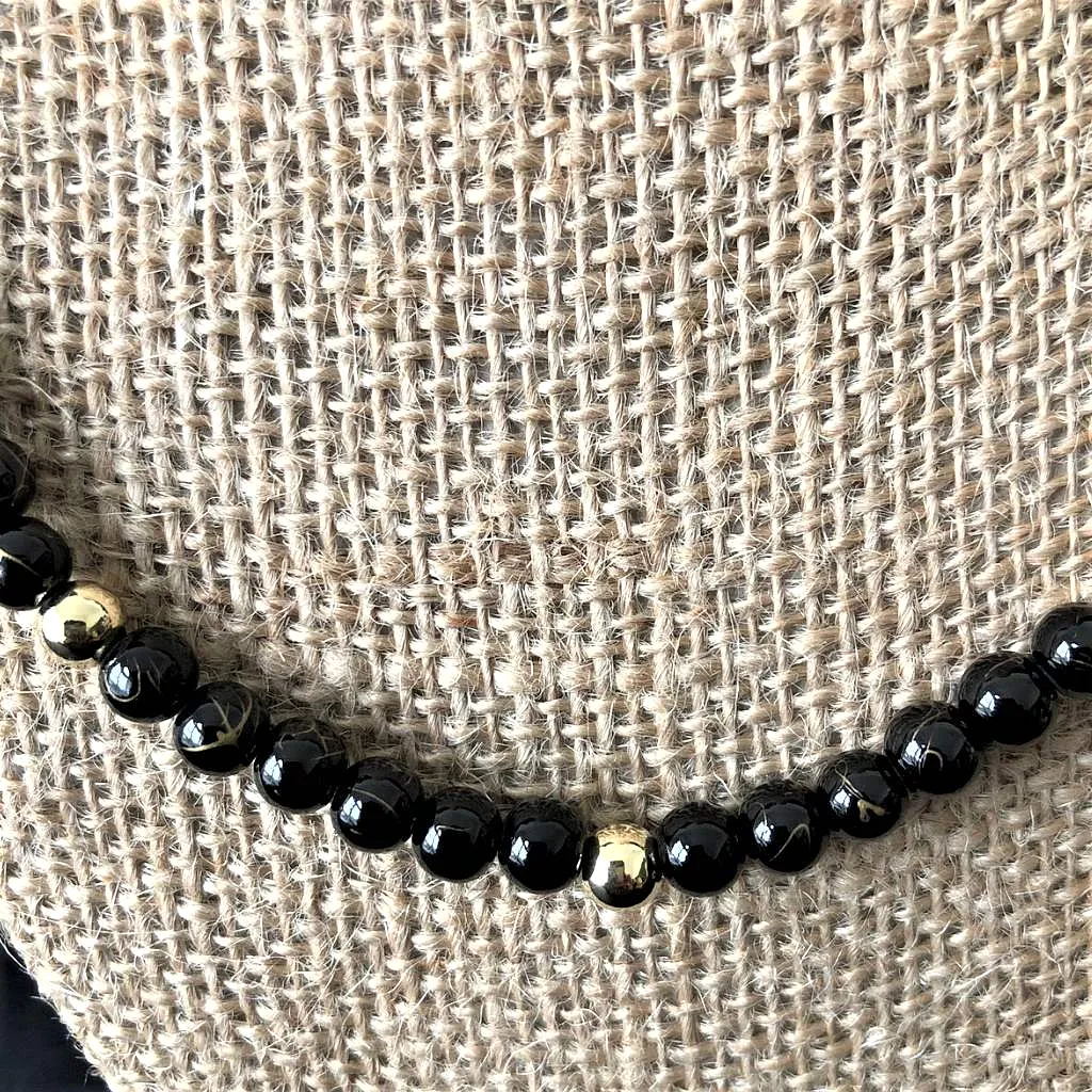 Black and Gold Striped Beaded Mens Necklace