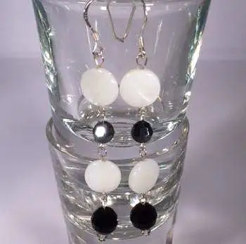 Black Swarovski and White Shell Sterling Silver Dangle Earrings