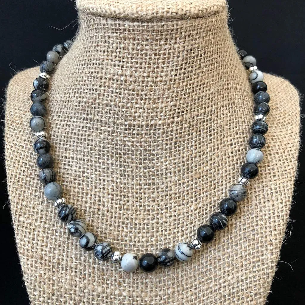 Black Water Jasper Mens Beaded Necklace