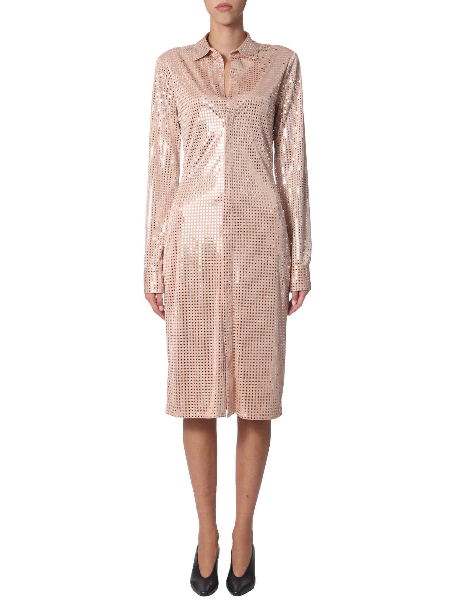 BOTTEGA VENETA    SATIN SHIRT DRESS DECORATED WITH THERMO-ADHESIVE EMBROIDERY