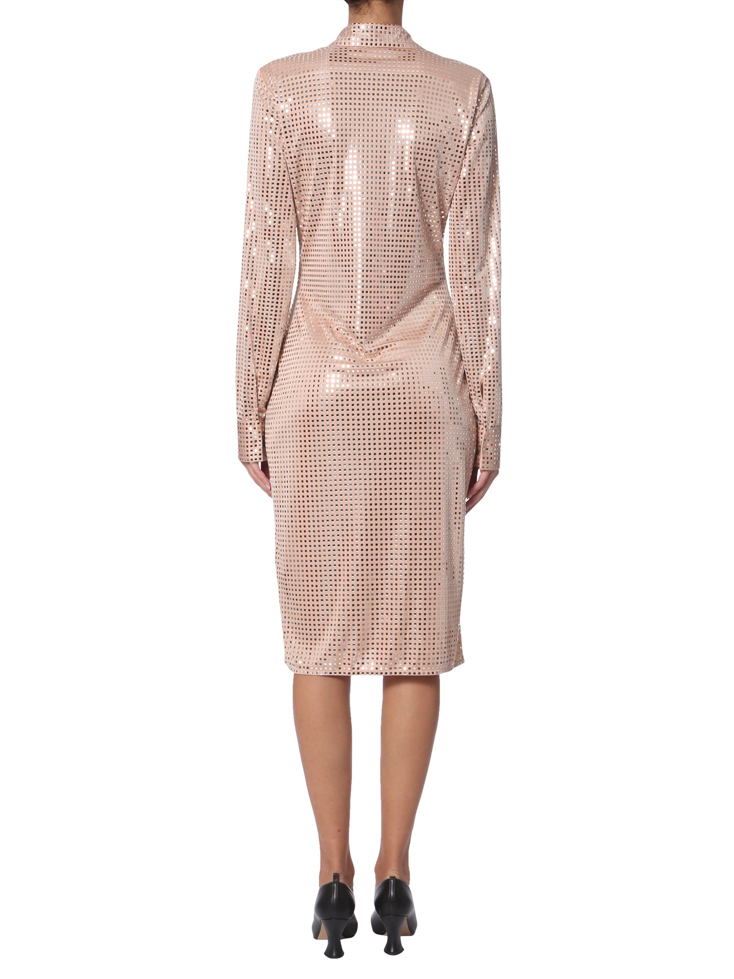 BOTTEGA VENETA    SATIN SHIRT DRESS DECORATED WITH THERMO-ADHESIVE EMBROIDERY