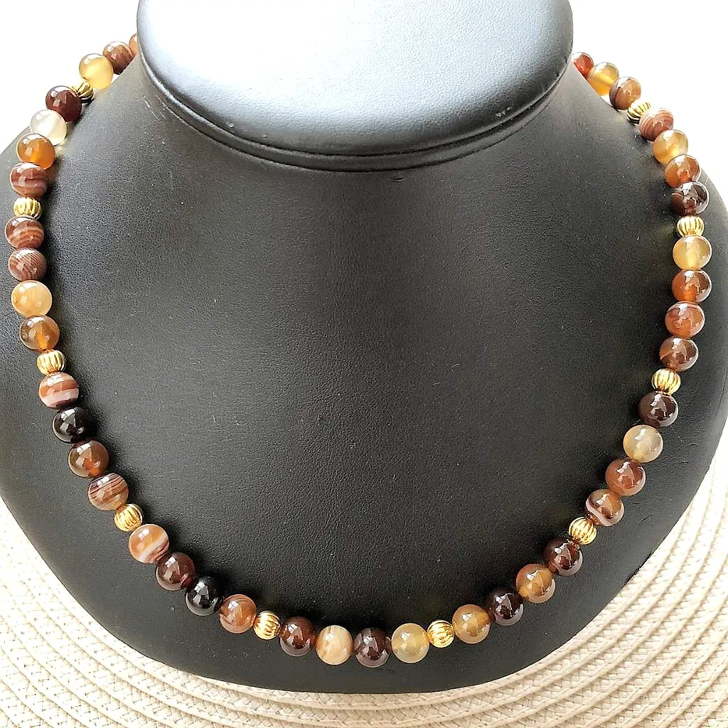 Brown Agate and Gold Mens Beaded Necklace