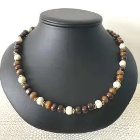 Brown and Beige Wood Beaded Mens Necklace