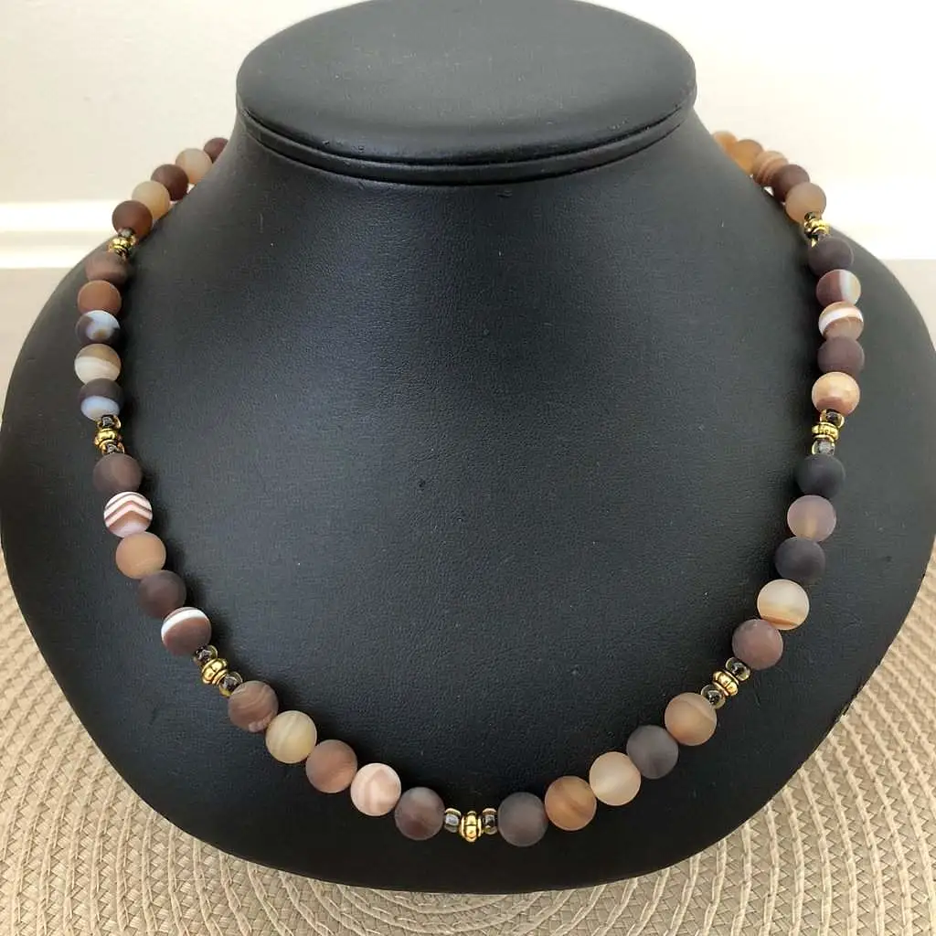 Brown Matte Agate Mens Beaded Necklace