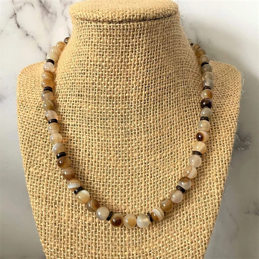 Brown Onyx and Wood Mens Beaded Necklace