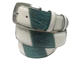 Calf Skin Lizard Embossed Patchwork Belt White/Turquoise