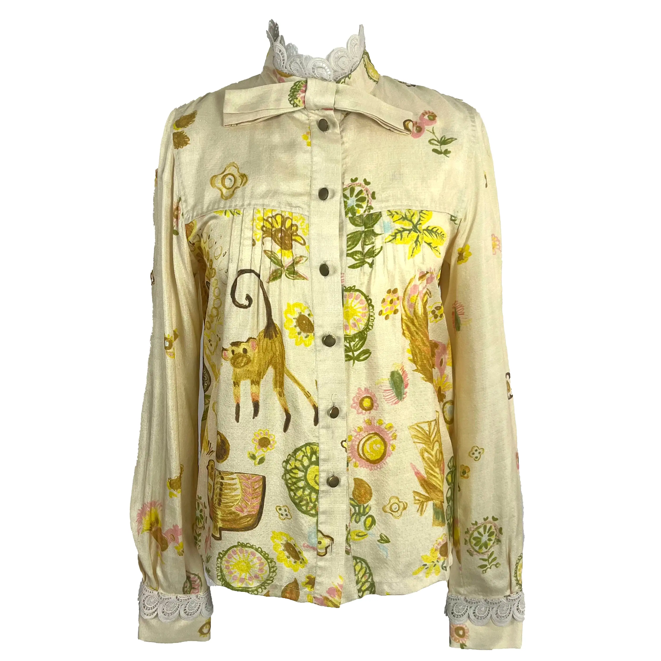 Chloe Deep Cream Animal Painting Silk Blouse M