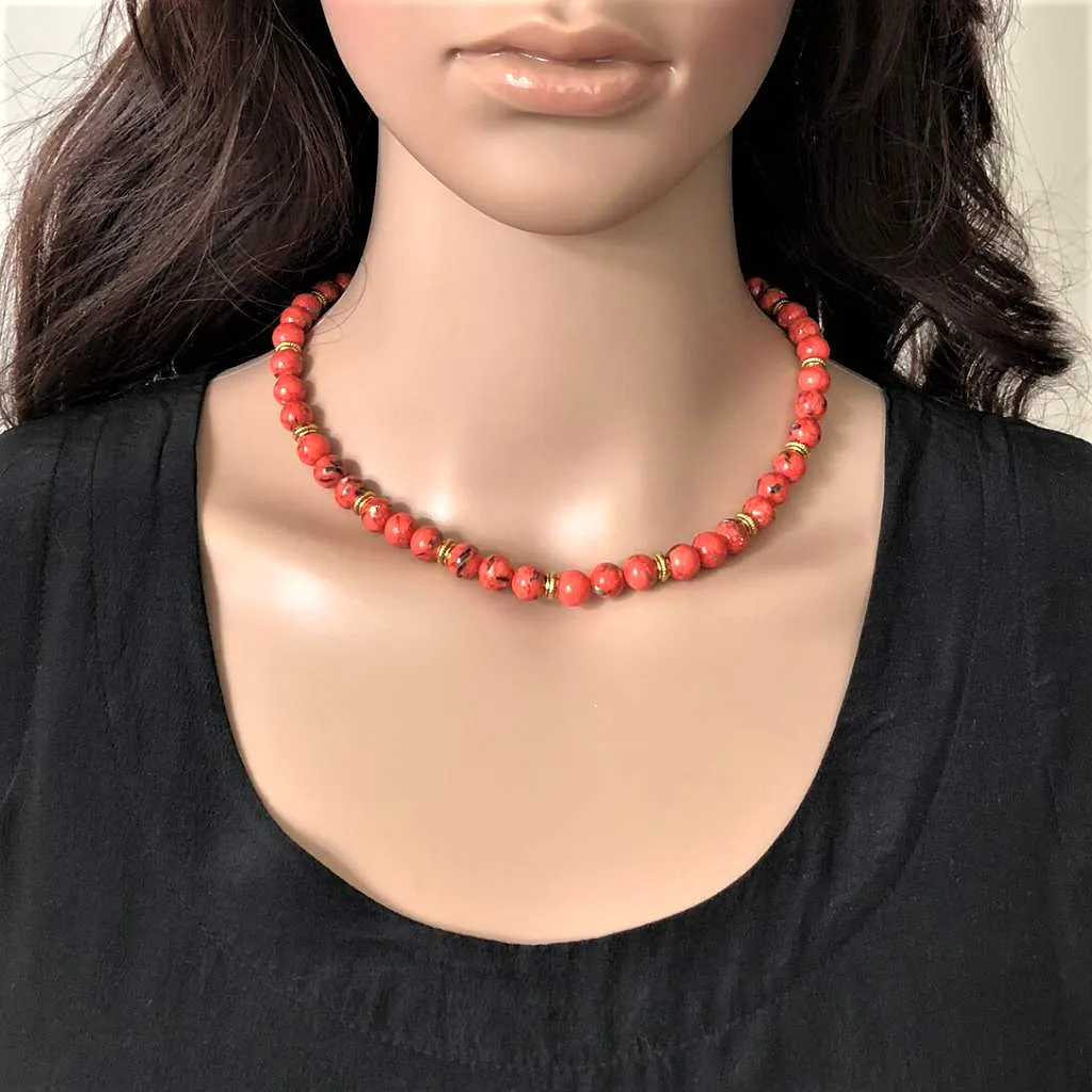 Coral Mosaic Shell and Gold Beaded Necklace