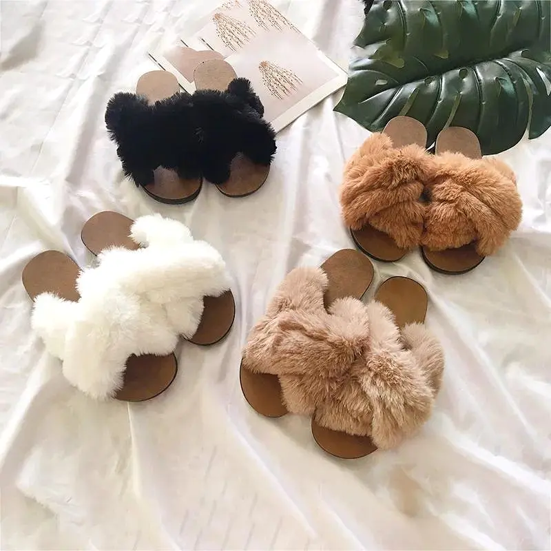 Crossover Faux Fur Slippers