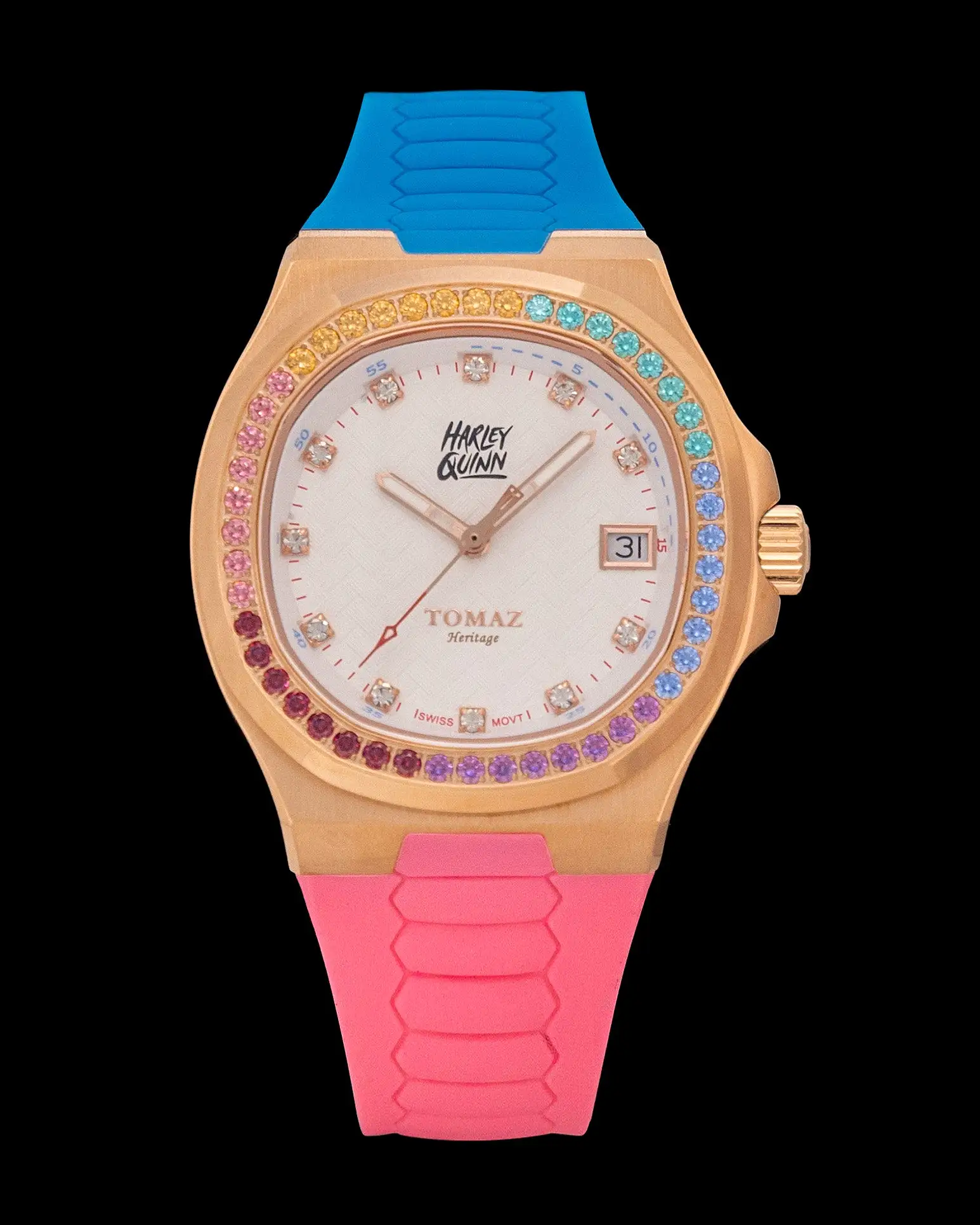 DC Harley Quinn TQ029L-AD1 (Rosegold/White) with Rainbow Swarovski Crystal (Pink/Blue Rubber Strap)