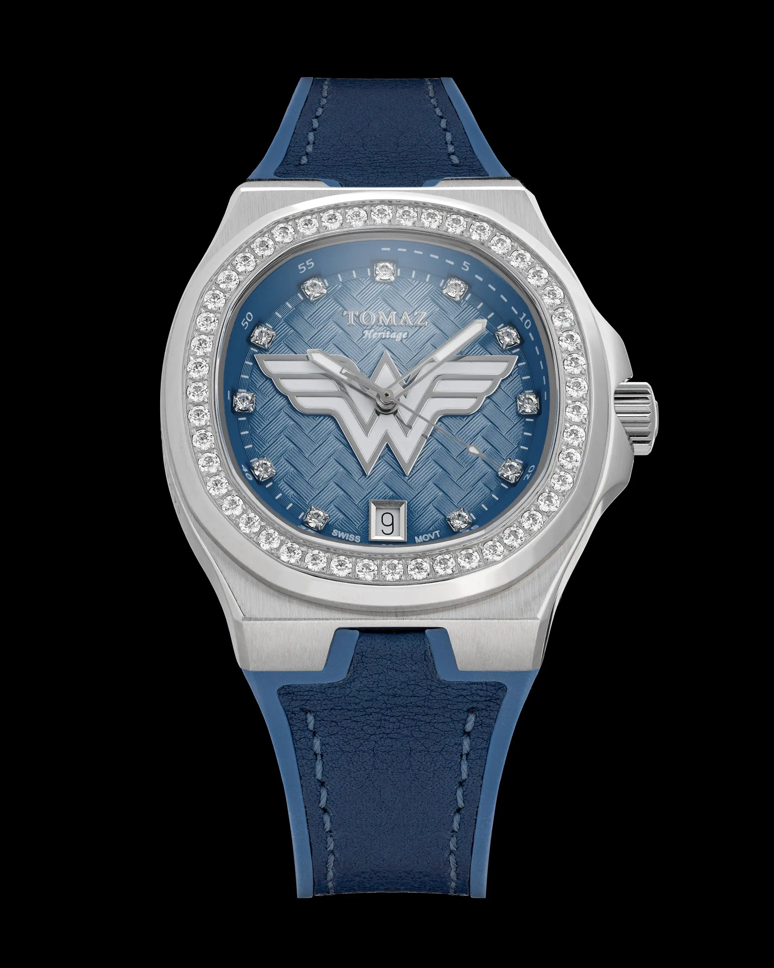 DC Wonder Woman TQ029L-BD11 (Silver/Navy) with White Swarovski Crystal (Navy Silicone Strap)