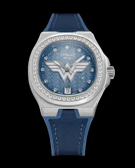 DC Wonder Woman TQ029L-BD11 (Silver/Navy) with White Swarovski Crystal (Navy Silicone Strap)