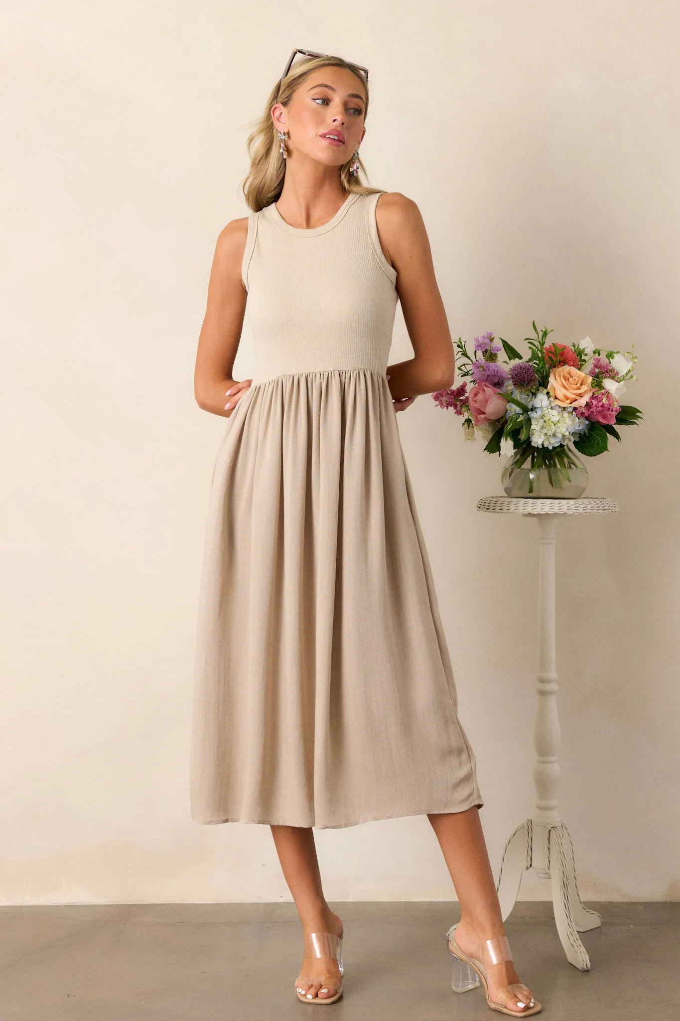 Find The Answer Tan Ribbed Midi Dress