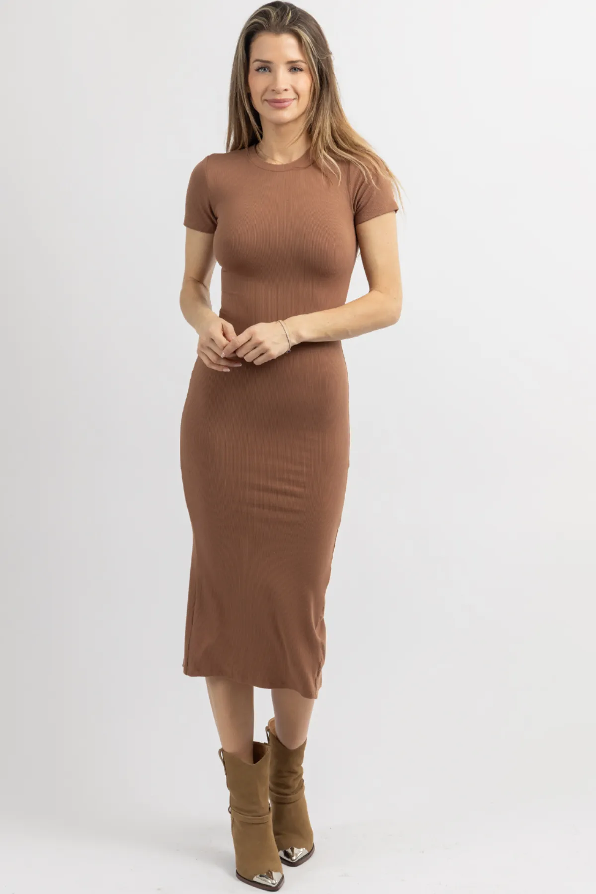 KACEY CHOCOLATE RIBBED MIDI DRESS