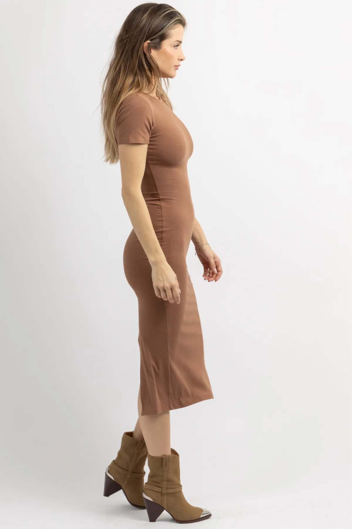 KACEY CHOCOLATE RIBBED MIDI DRESS