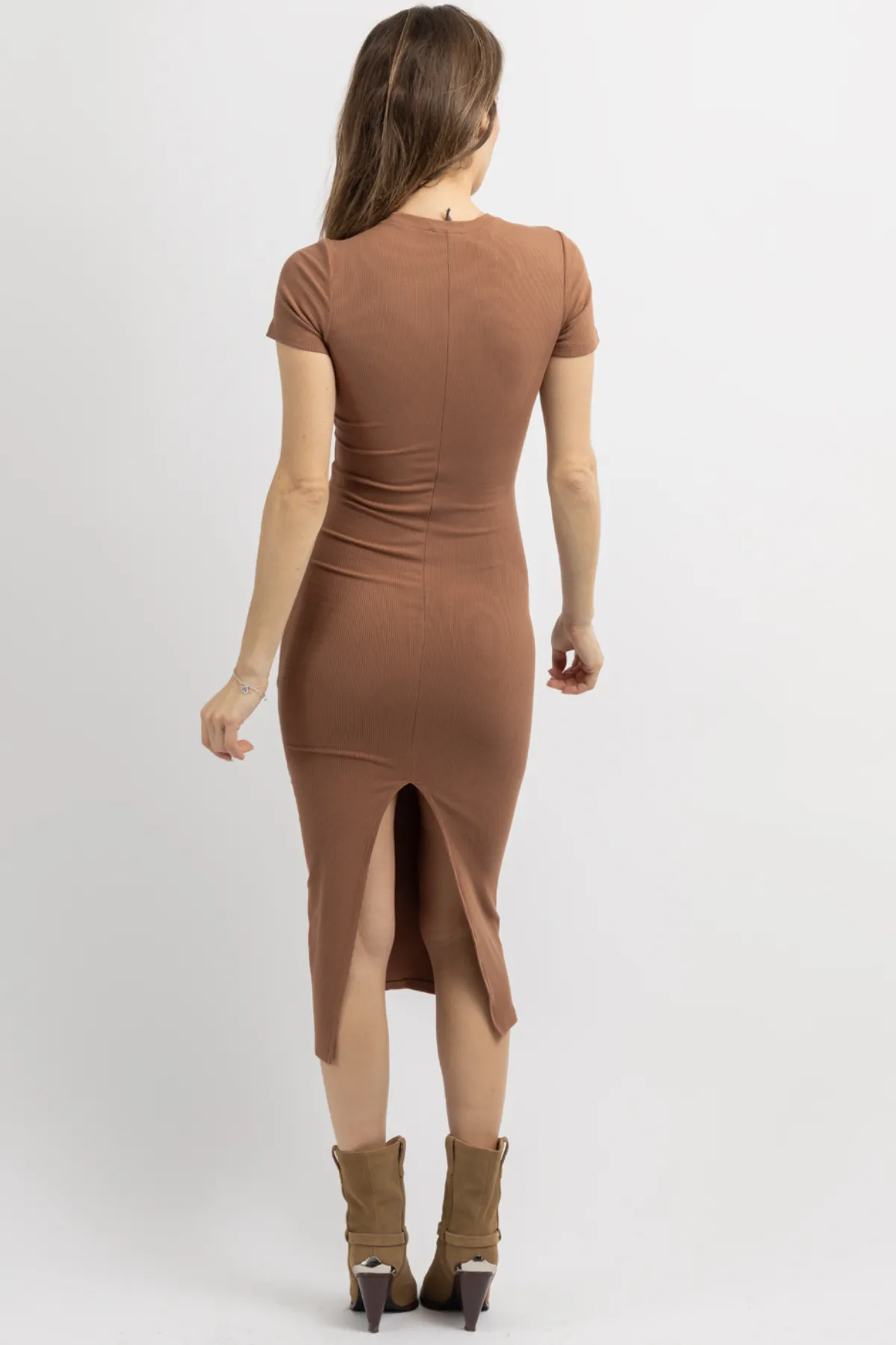 KACEY CHOCOLATE RIBBED MIDI DRESS