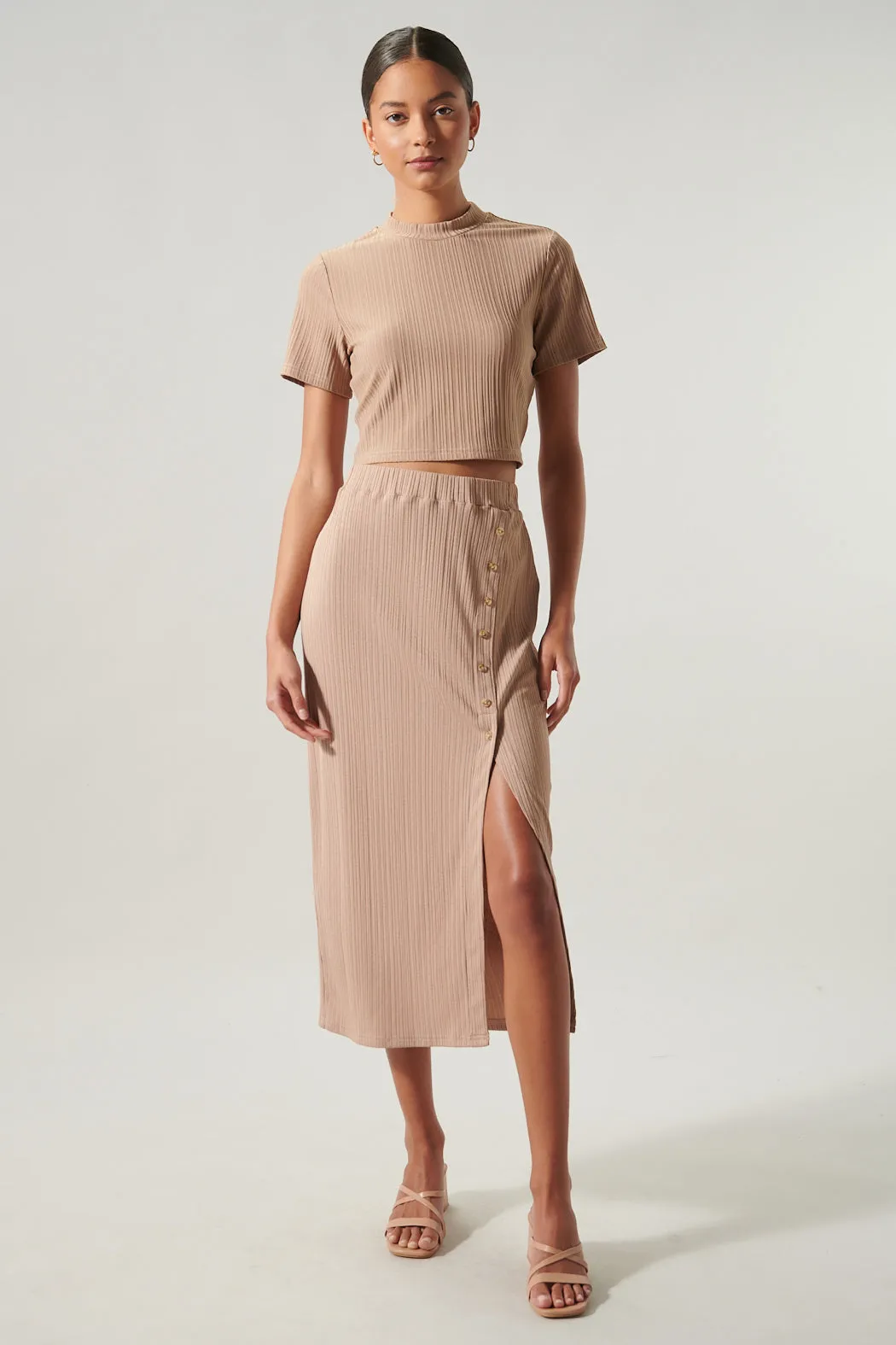 Katie Ribbed Button Front Midi Skirt