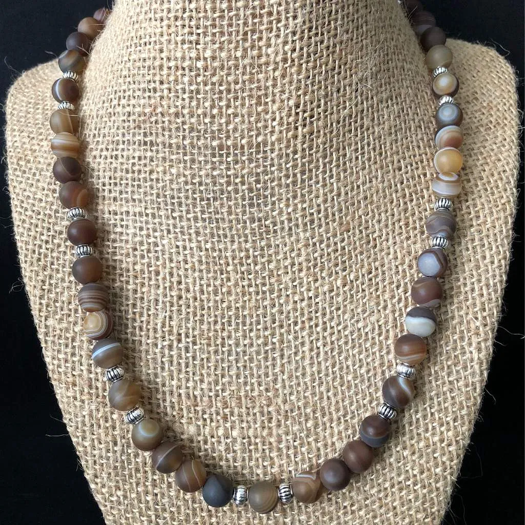 Matte Brown Line Agate and Silver Bead Mens Necklace