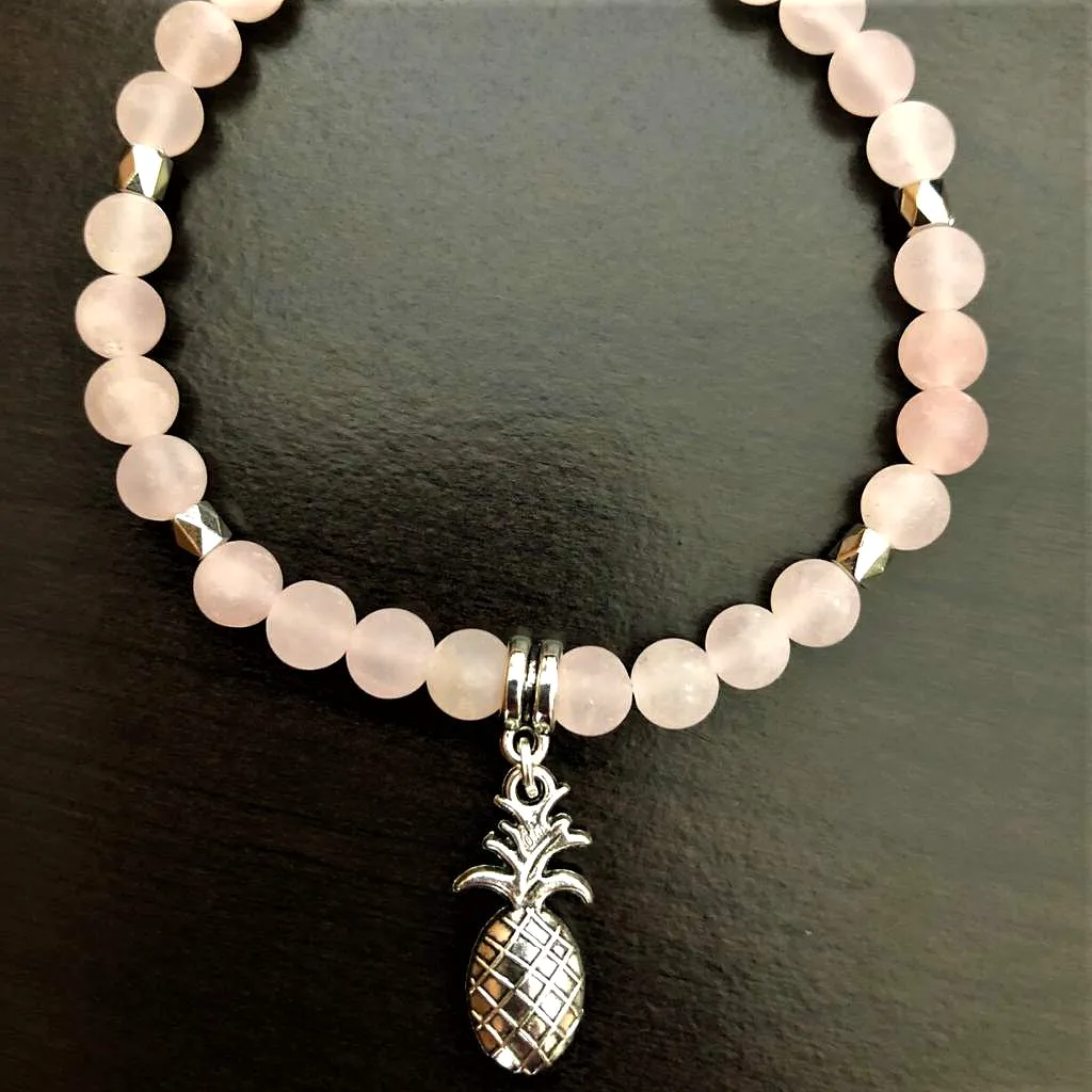 Matte Rose Quartz Beaded Bracelet and Silver Pineapple Charm