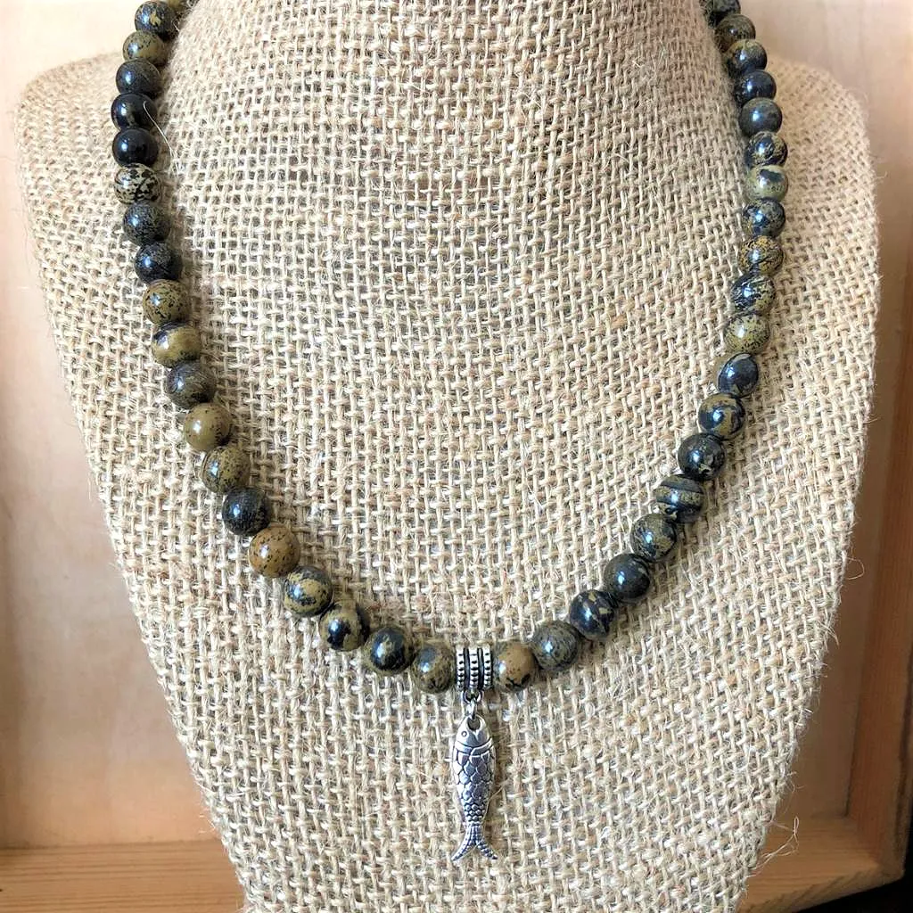 Mens Artistic Stone and Silver Fish Beaded Necklace