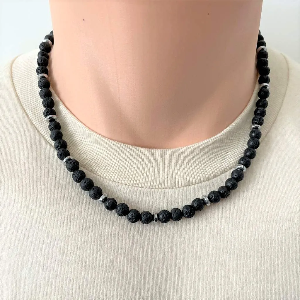 Mens Black Lava and Hematite Disc Beaded Necklace