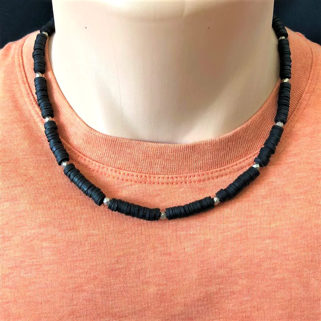 Mens Black Polymer Beaded Necklace