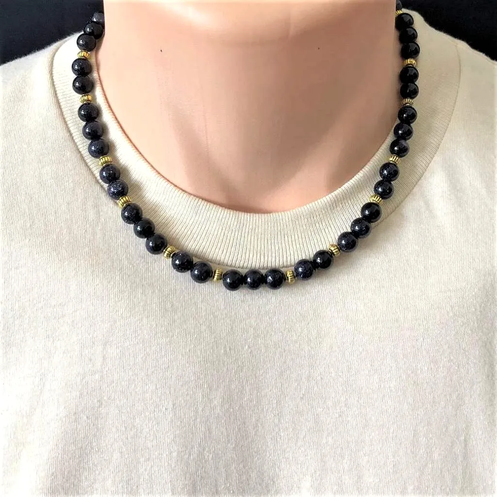 Mens Blue Sandstone Beaded Necklace