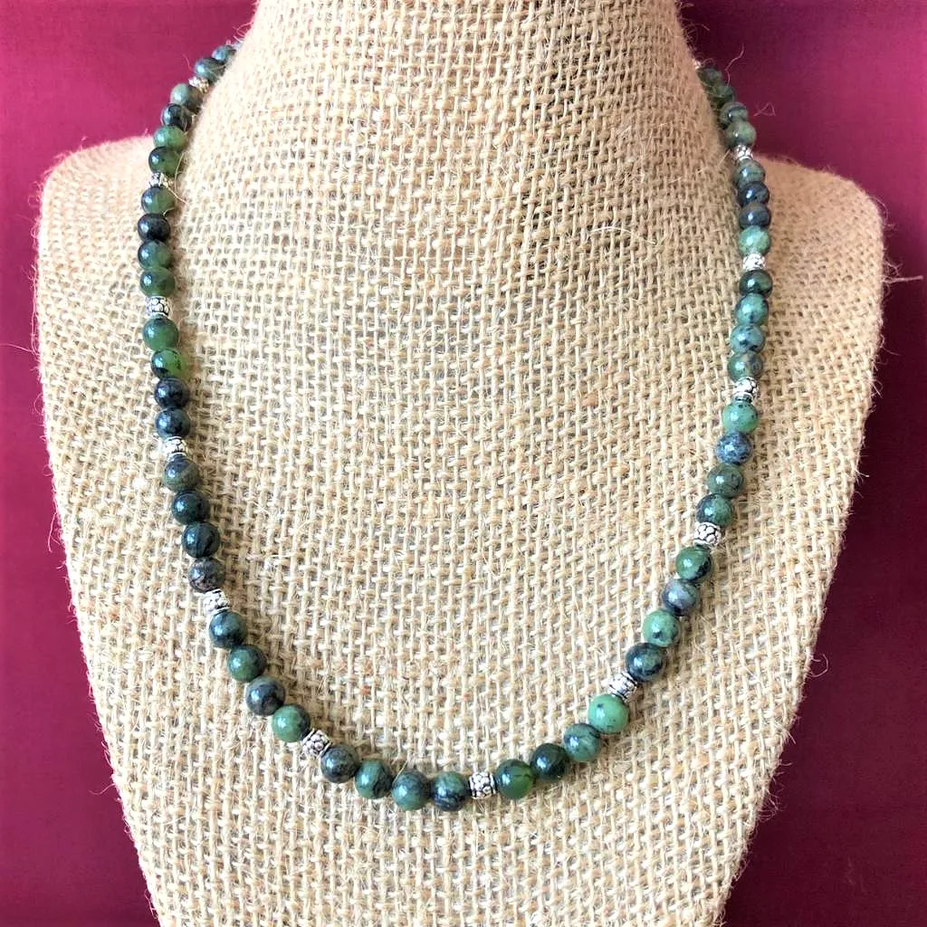 Mens Dendritic Green Jade Beaded Necklace