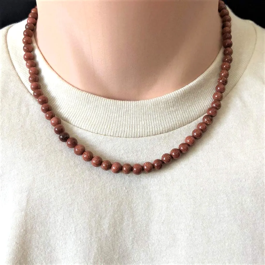 Mens Goldstone Beaded Necklace