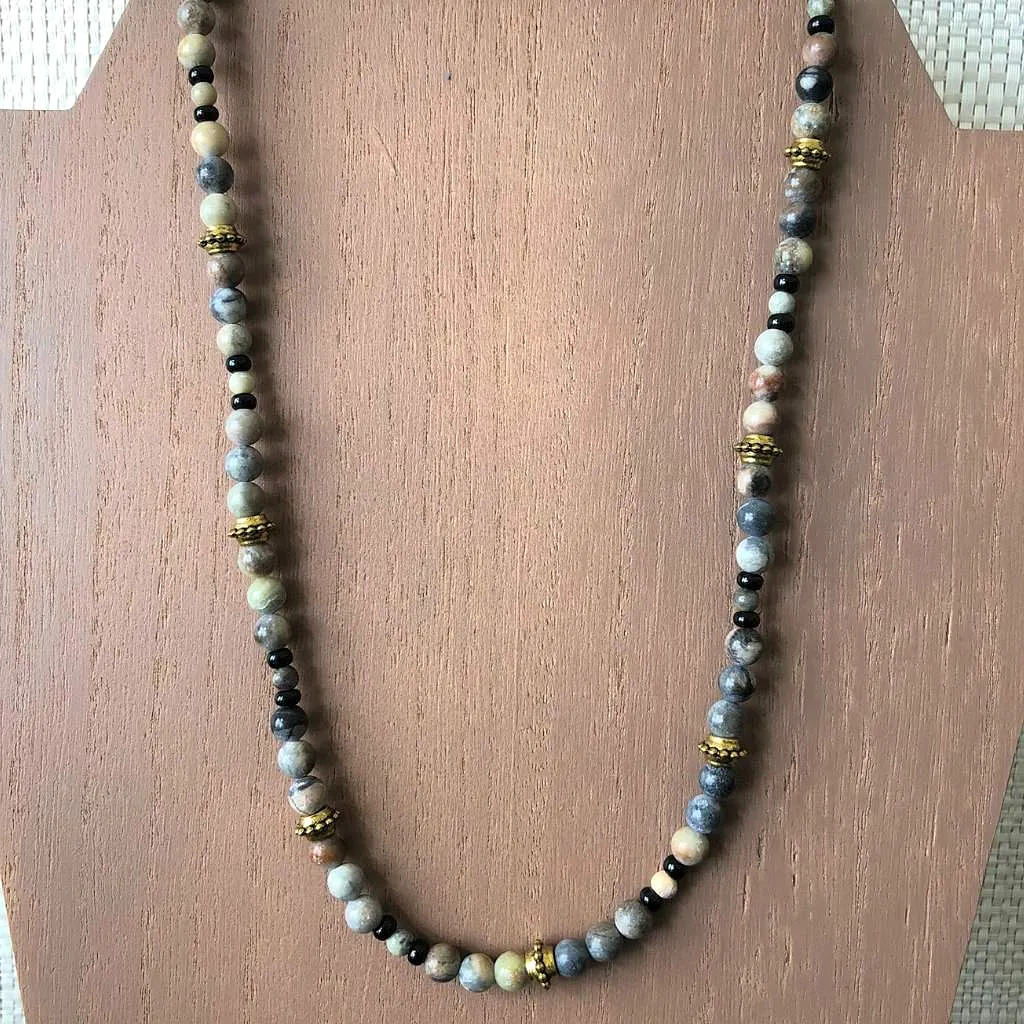 Mens Picasso Stone and Gold Beaded Necklace