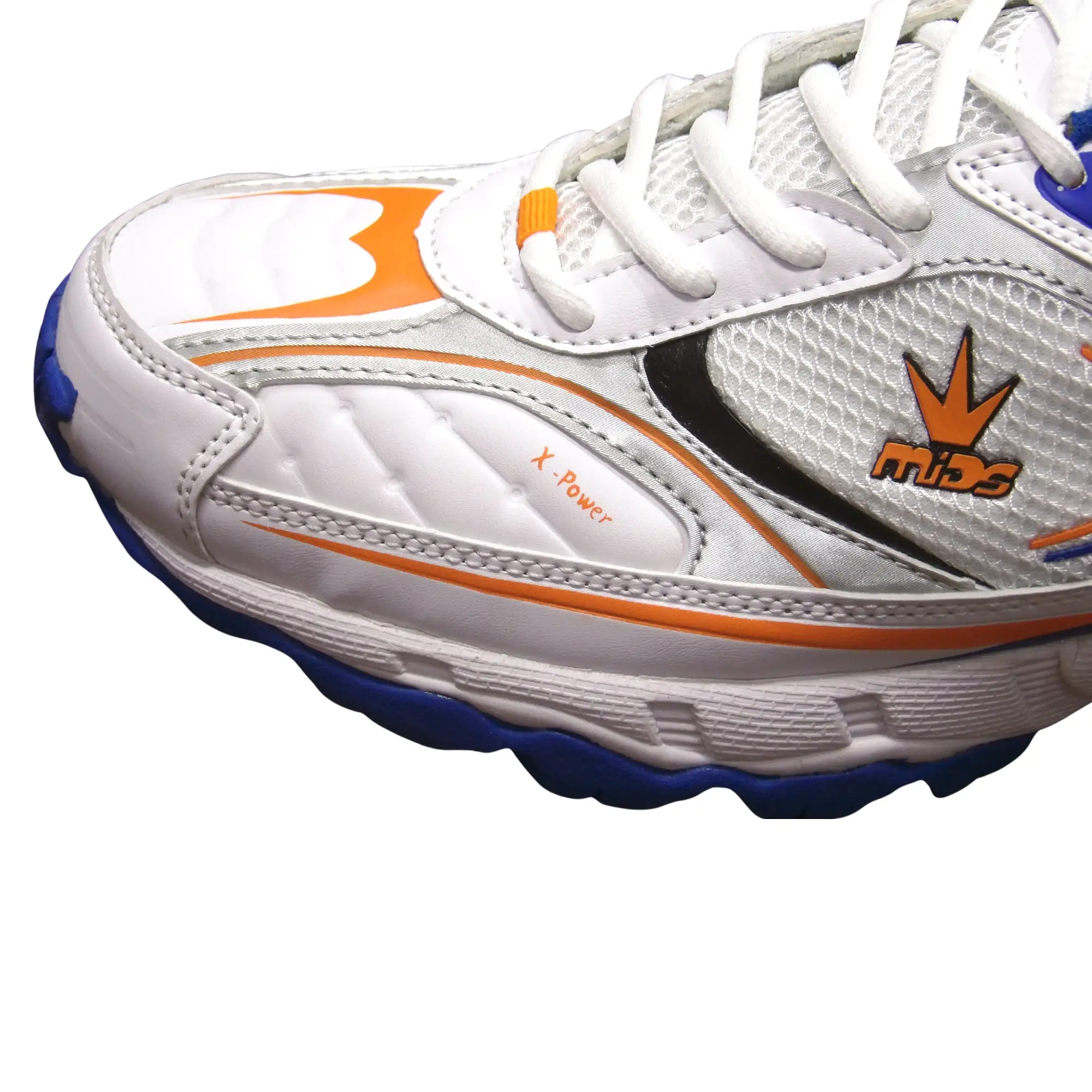 Mids Cricket Shoes, Model X Power - White/Orange/Royal Blue