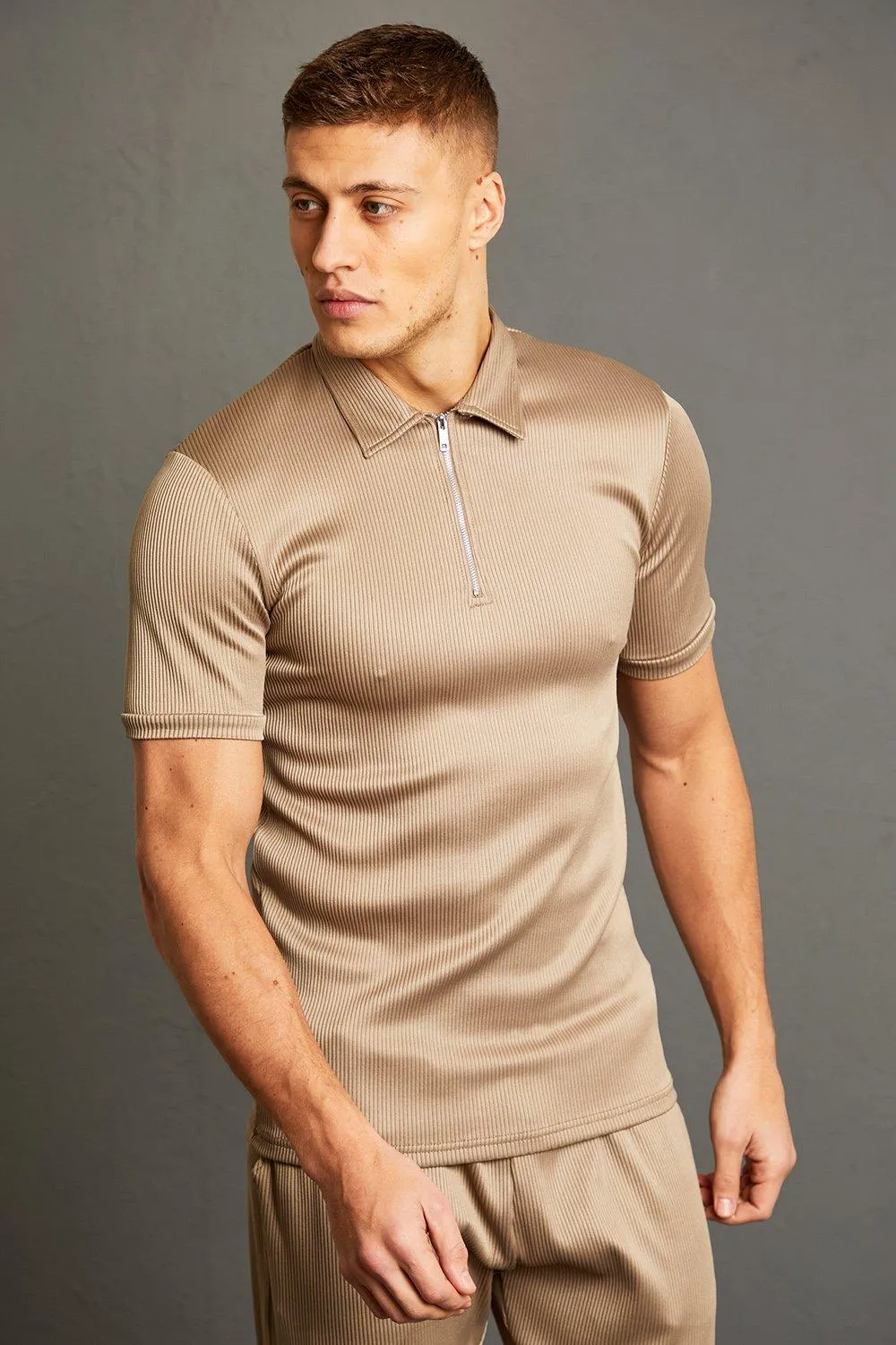 Muscle Fit Ribbed Polo | boohooMAN UK