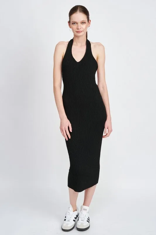 Nayeli Knit Ribbed Halter Bodycon Midi Dress - Black