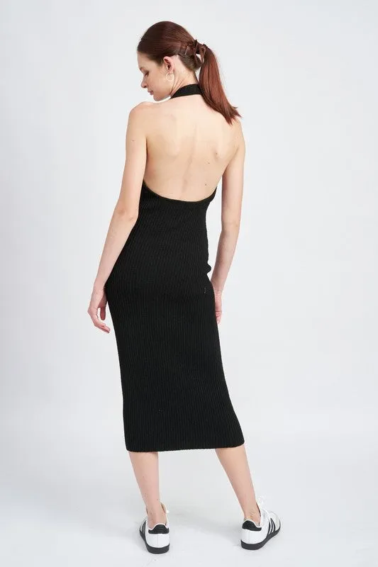 Nayeli Knit Ribbed Halter Bodycon Midi Dress - Black