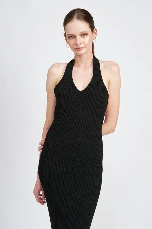 Nayeli Knit Ribbed Halter Bodycon Midi Dress - Black