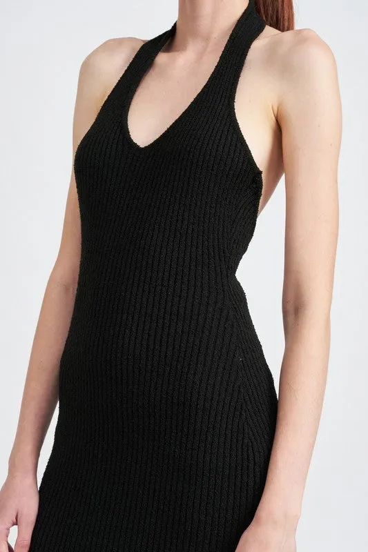 Nayeli Knit Ribbed Halter Bodycon Midi Dress - Black