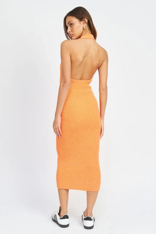 Nayeli Knit Ribbed Halter Bodycon Midi Dress - Orange