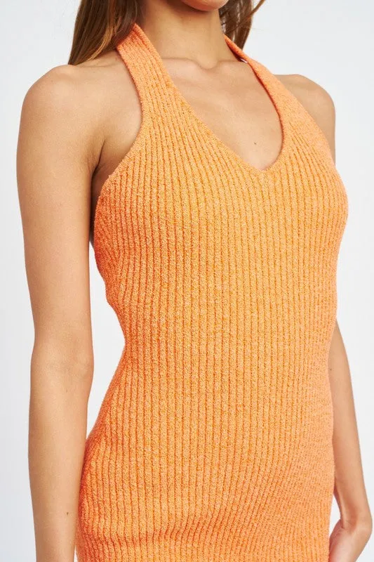 Nayeli Knit Ribbed Halter Bodycon Midi Dress - Orange