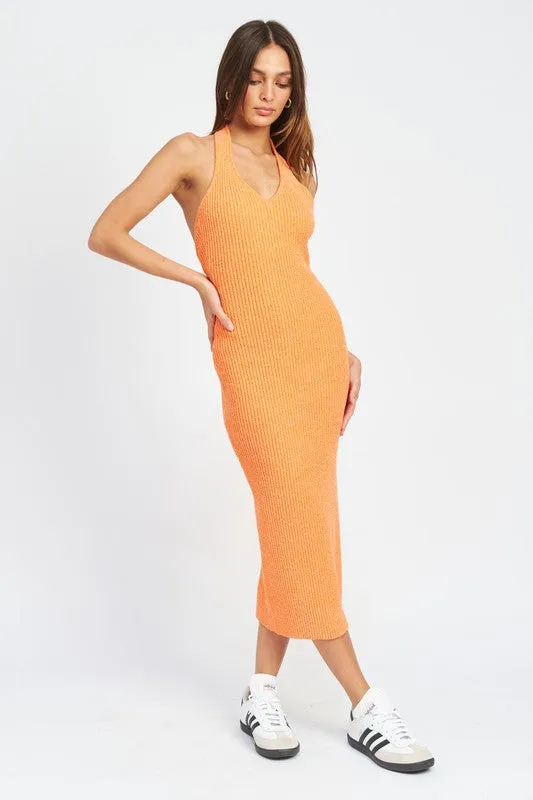 Nayeli Knit Ribbed Halter Bodycon Midi Dress - Orange