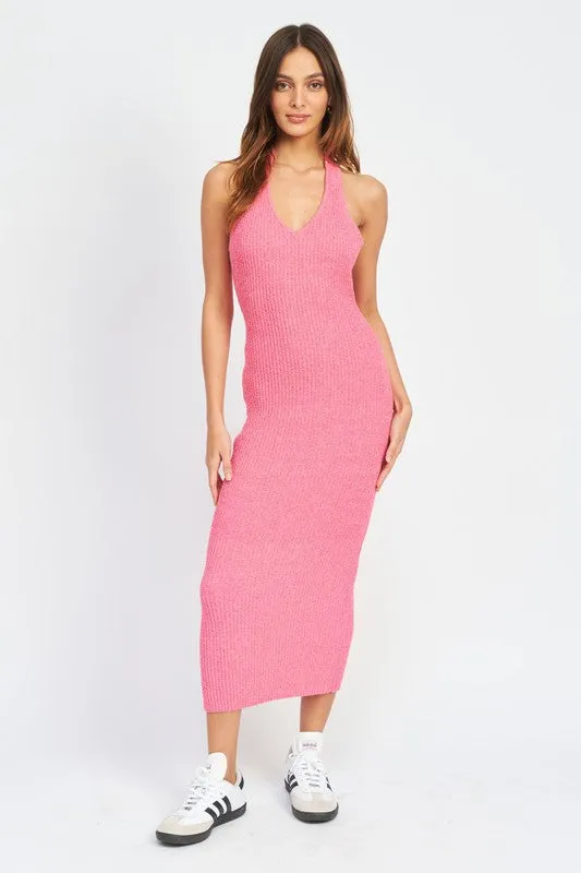 Nayeli Knit Ribbed Halter Bodycon Midi Dress - Pink