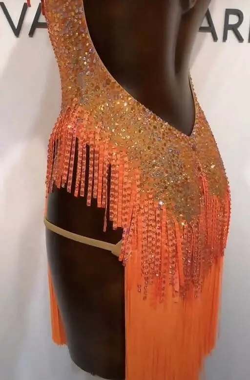 Orange Latin Dress With Swarovski Crystals