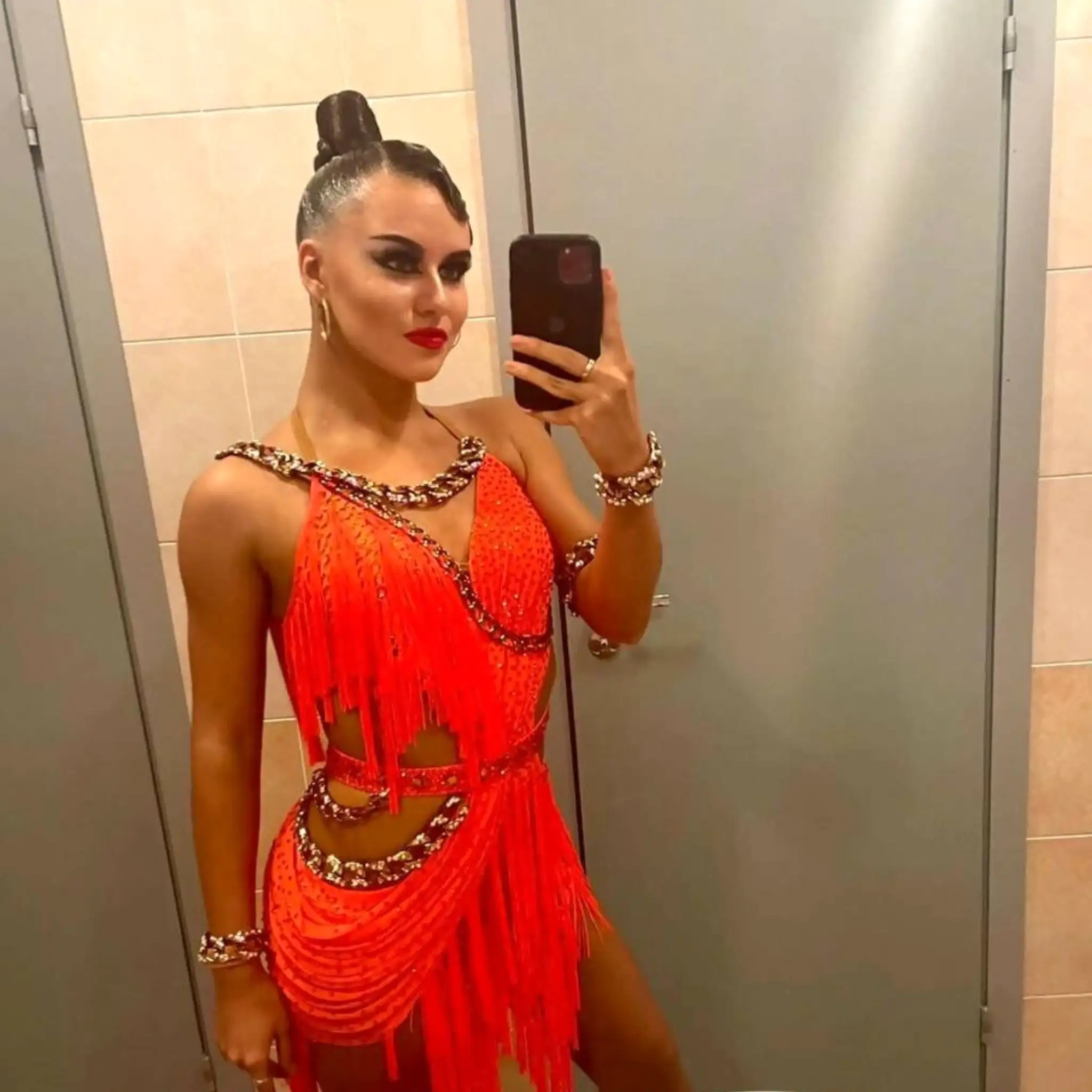 Orange Latin Dress with Swarovski Stones