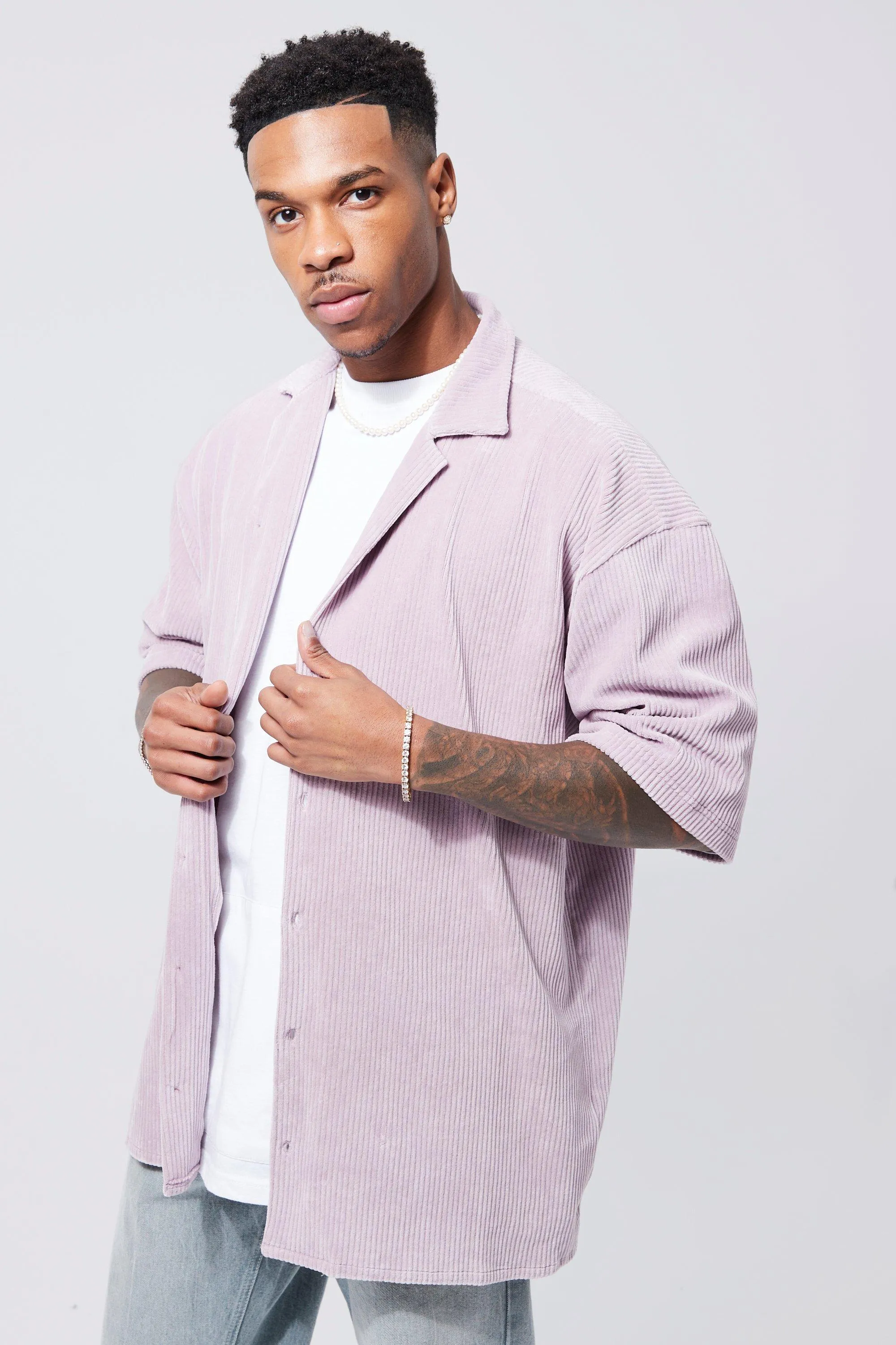 Oversized Boxy Ribbed Velour Shirt | boohooMAN UK