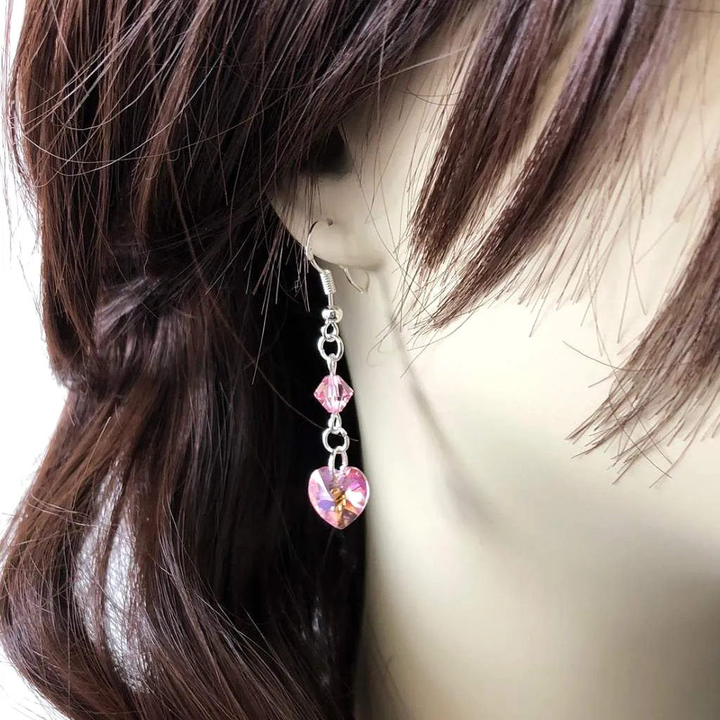 Pink Swarovski Heart Dangle Earrings