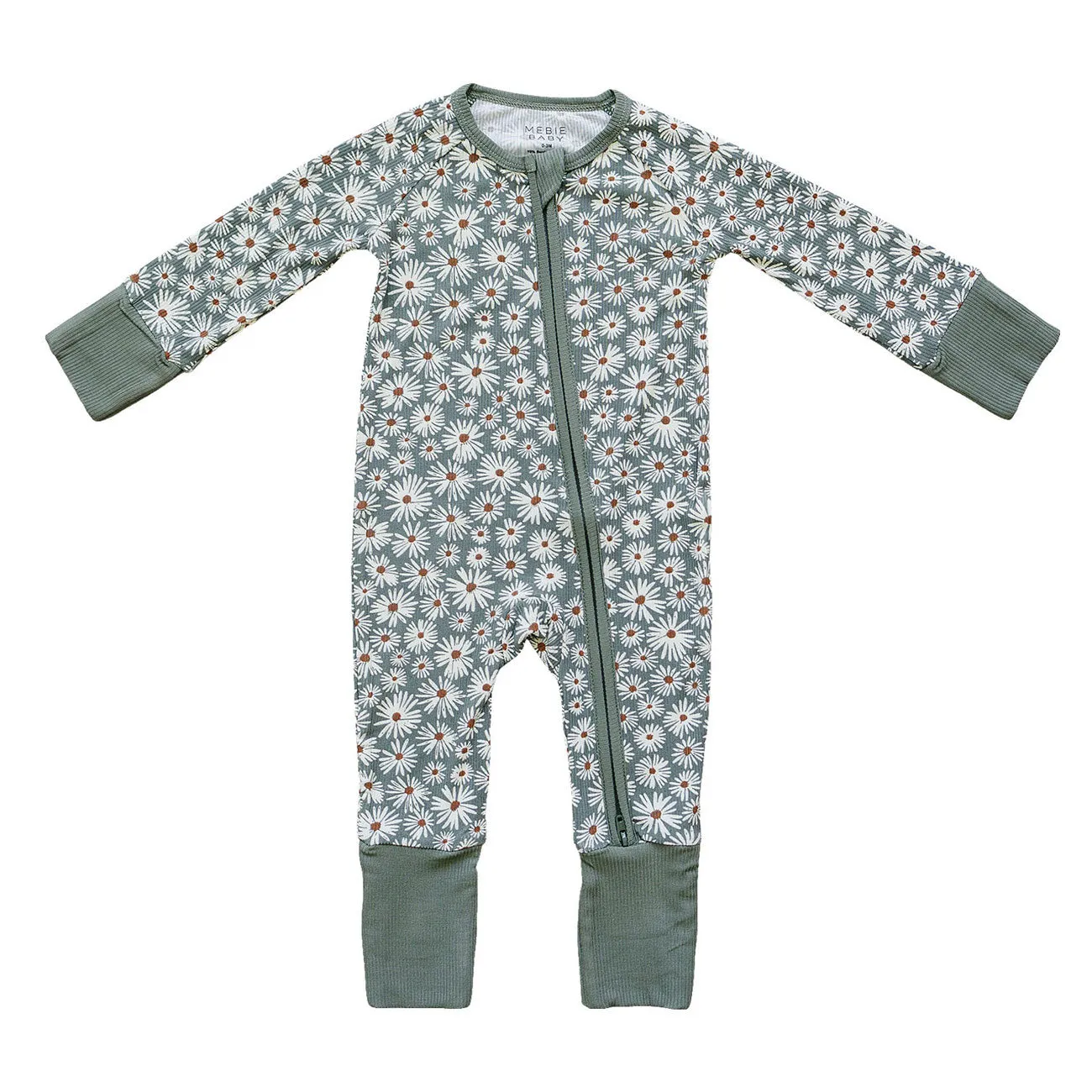 Ribbed Bamboo Zipper Pajama - Dark Green Daisy