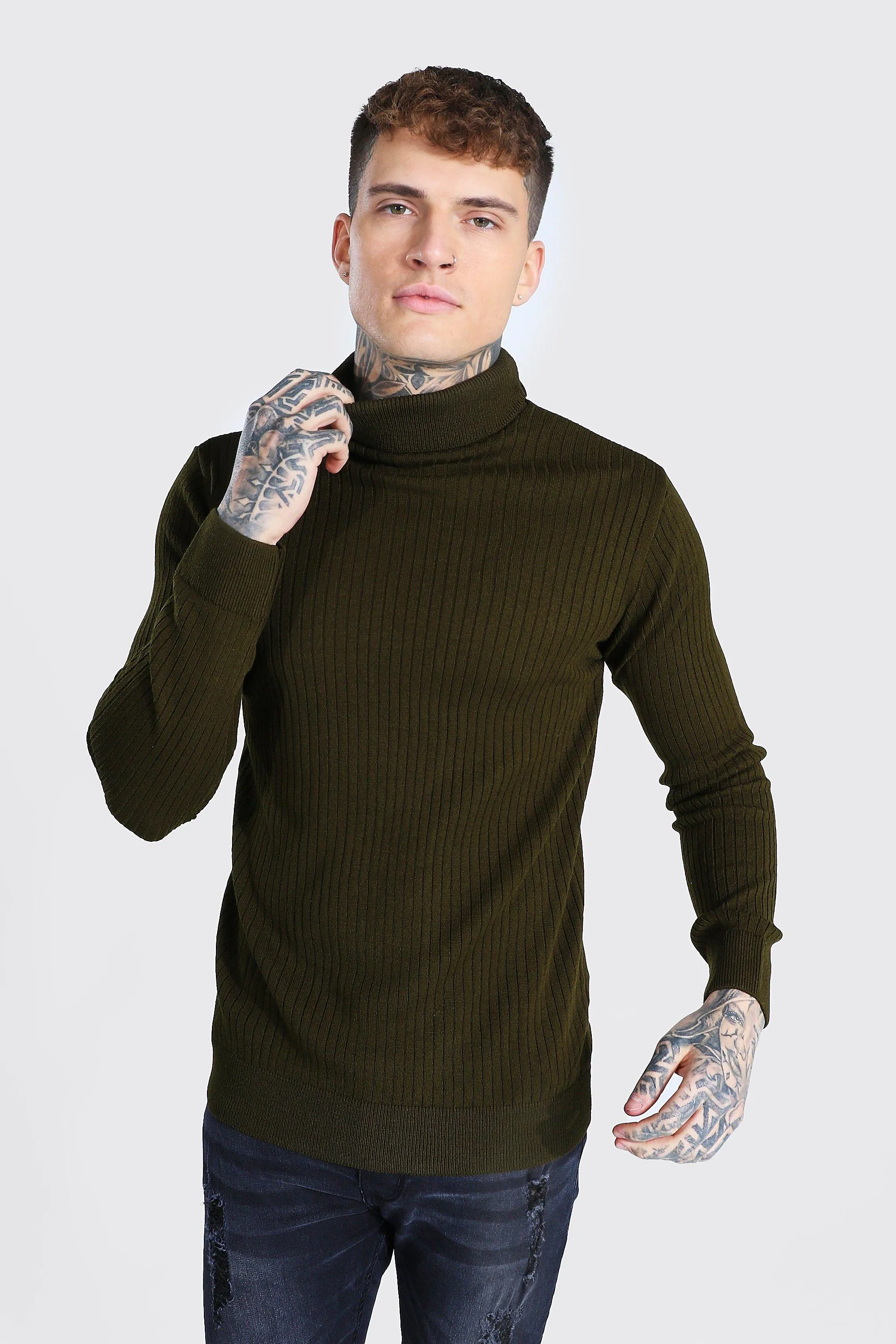 Ribbed Roll Neck Jumper | boohooMAN UK