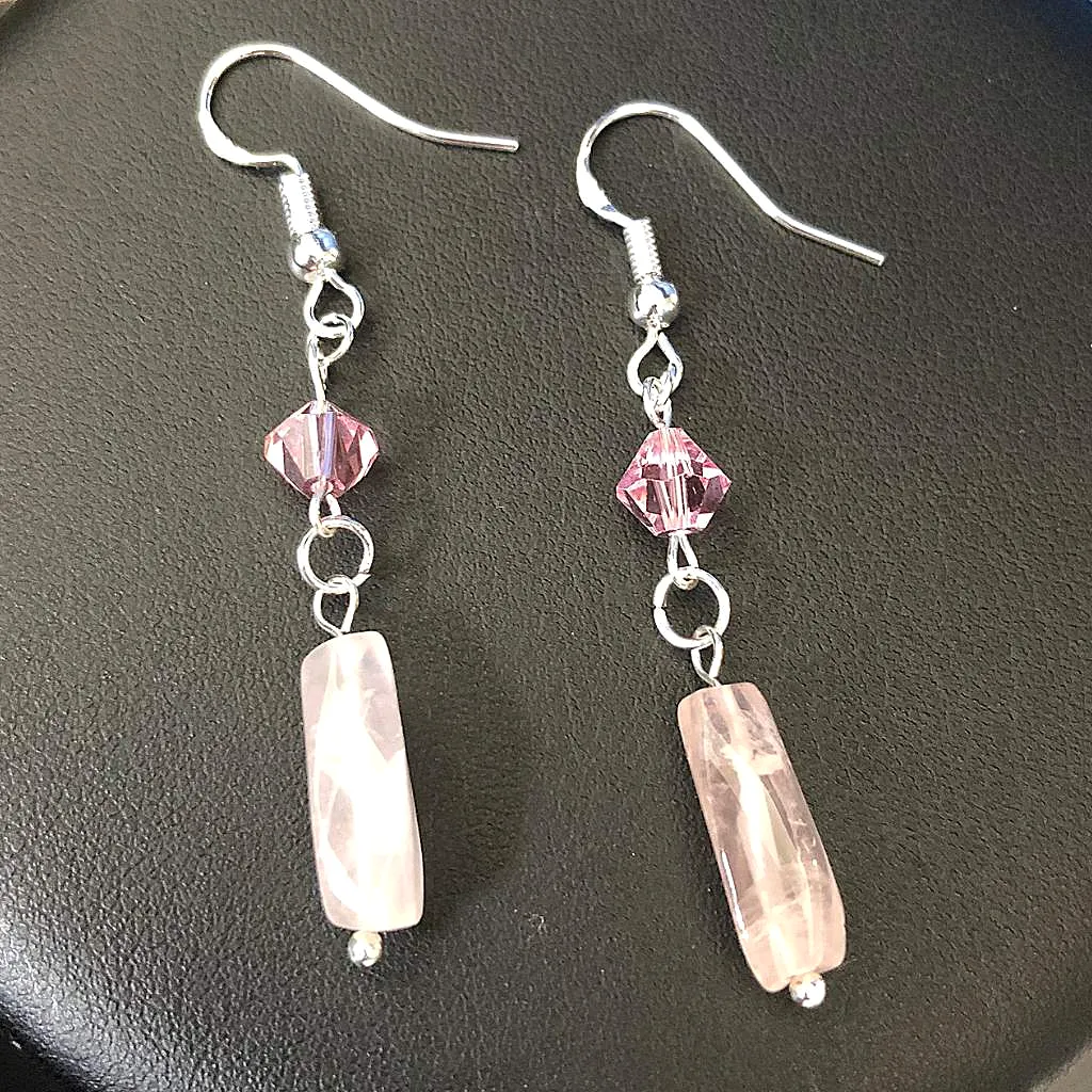 Rose Quartz and Swarovski Crystal Dangle Earrings