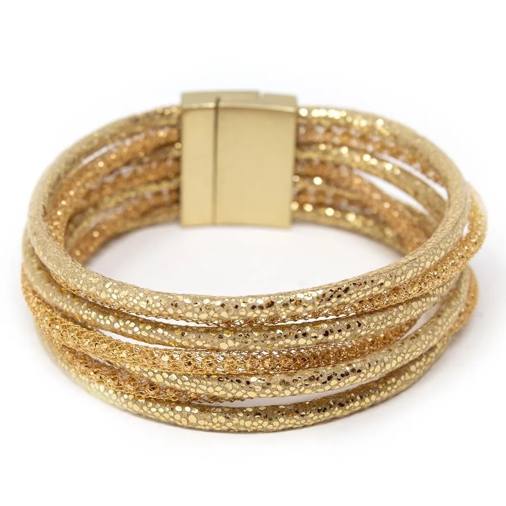 Seven Row Mesh Leather Bracelet Gold Tone